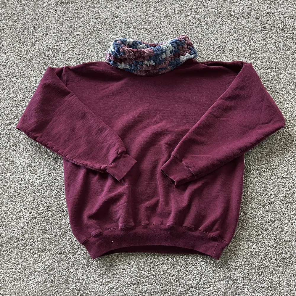 Handmade Sweatshirt Womens Large Red Fleece Cowl Neck Crochet Pullover Top